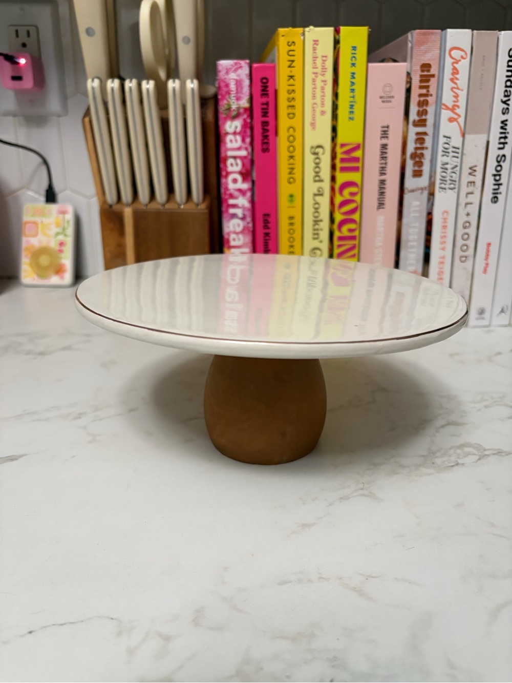 Ceramic Cake Stand with Cream Top and Brown Pedestal
